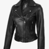 Womens Asymmetrical Black Leather Belted Biker Style Jacket