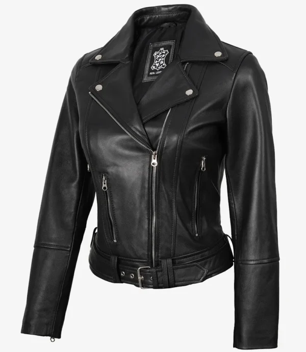 Womens Asymmetrical Black Leather Belted Biker Style Jacket