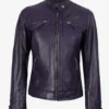 Women's Purple Biker Style Leather Jacket - Quilted Shoulder