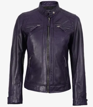 Women's Purple Biker Style Leather Jacket - Quilted Shoulder