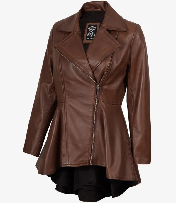 Womens Asymmetrical Cognac Peplum Leather Jacket