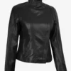 Women's Black Real Leather Jacket with Asymmetrical Zip Closure