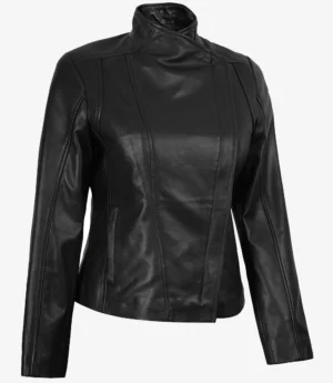Women's Black Real Leather Jacket with Asymmetrical Zip Closure