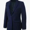 Women's Notch Lapel Navy Blue Wool Blazer - Single Button Closure