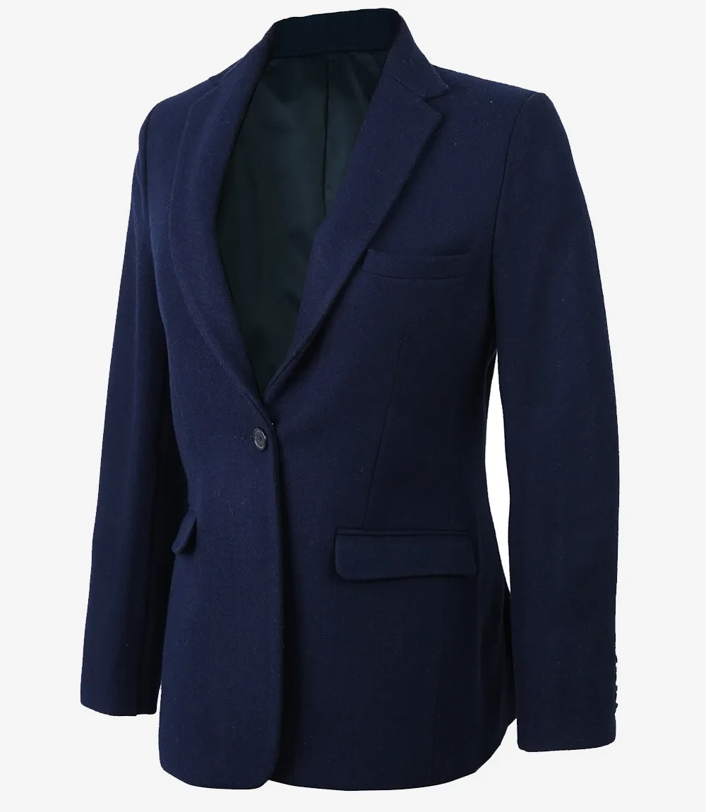Women's Notch Lapel Navy Blue Wool Blazer - Single Button Closure Women's Notch Lapel Navy Blue Wool Blazer - Single Button Closure