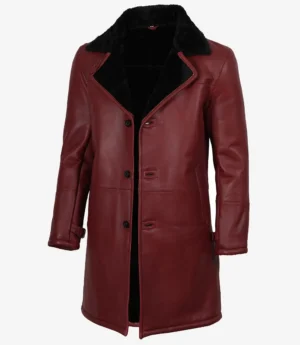 Men's Maroon Leather Coat with Black Shearling