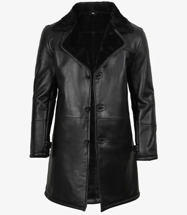 Men's Black 3/4 Length Shearling Leather Coat