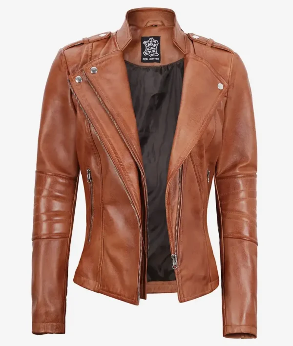 Women's Tan Asymmetrical Biker Style Leather Jacket