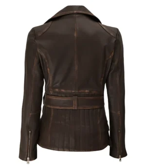 Womens Distressed Brown Long Biker Style Leather Jacket