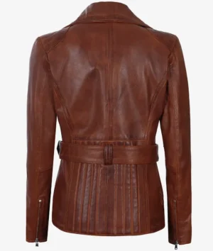 Women's Asymmetrical Cognac Wax Four-Pocket Belted Biker Style Jacket