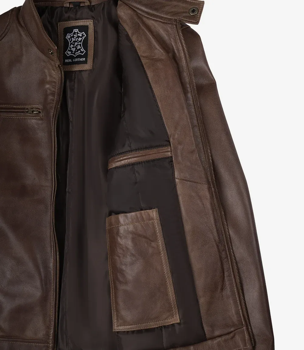 Dodge Men's Waxed Chocolate Brown Biker Style Leather Jacket Dodge Men's Waxed Chocolate Brown Biker Style Leather Jacket
