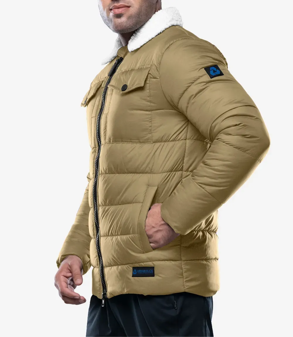 Bryce Men’s Beige Trucker-Style Puffer Jacket – Fur Collar Bryce Men’s Beige Trucker-Style Puffer Jacket – Fur Collar