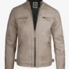 Men's Biker Style Warm Beige Waxed Leather Jacket - Quilted Shoulder