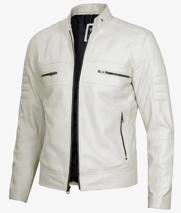 Mens Off White Biker Style Leather Jacket
