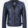 Mens Blue Waxed Quilted Shoulder Biker Style Leather Jacket