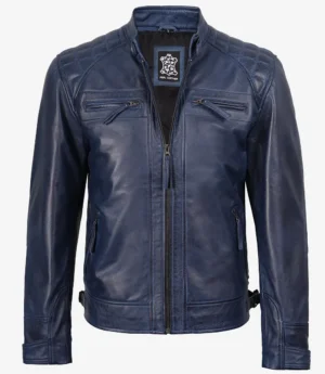 Mens Blue Waxed Quilted Shoulder Biker Style Leather Jacket