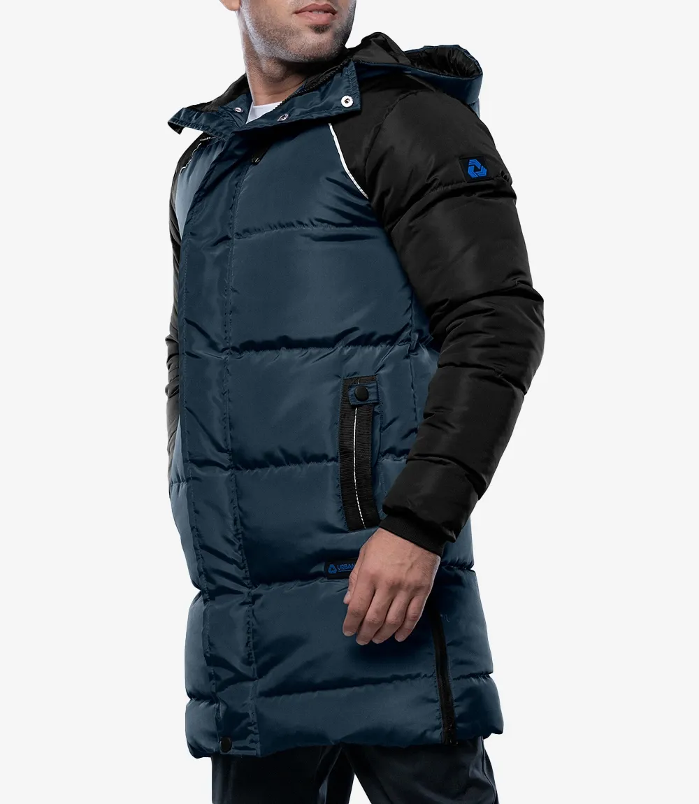Lonnie Navy Blue & Grey Mens Long Winter Puffer Jacket - Hooded Down Coat Lonnie Navy Blue & Grey Mens Long Winter Puffer Jacket - Hooded Down Coat