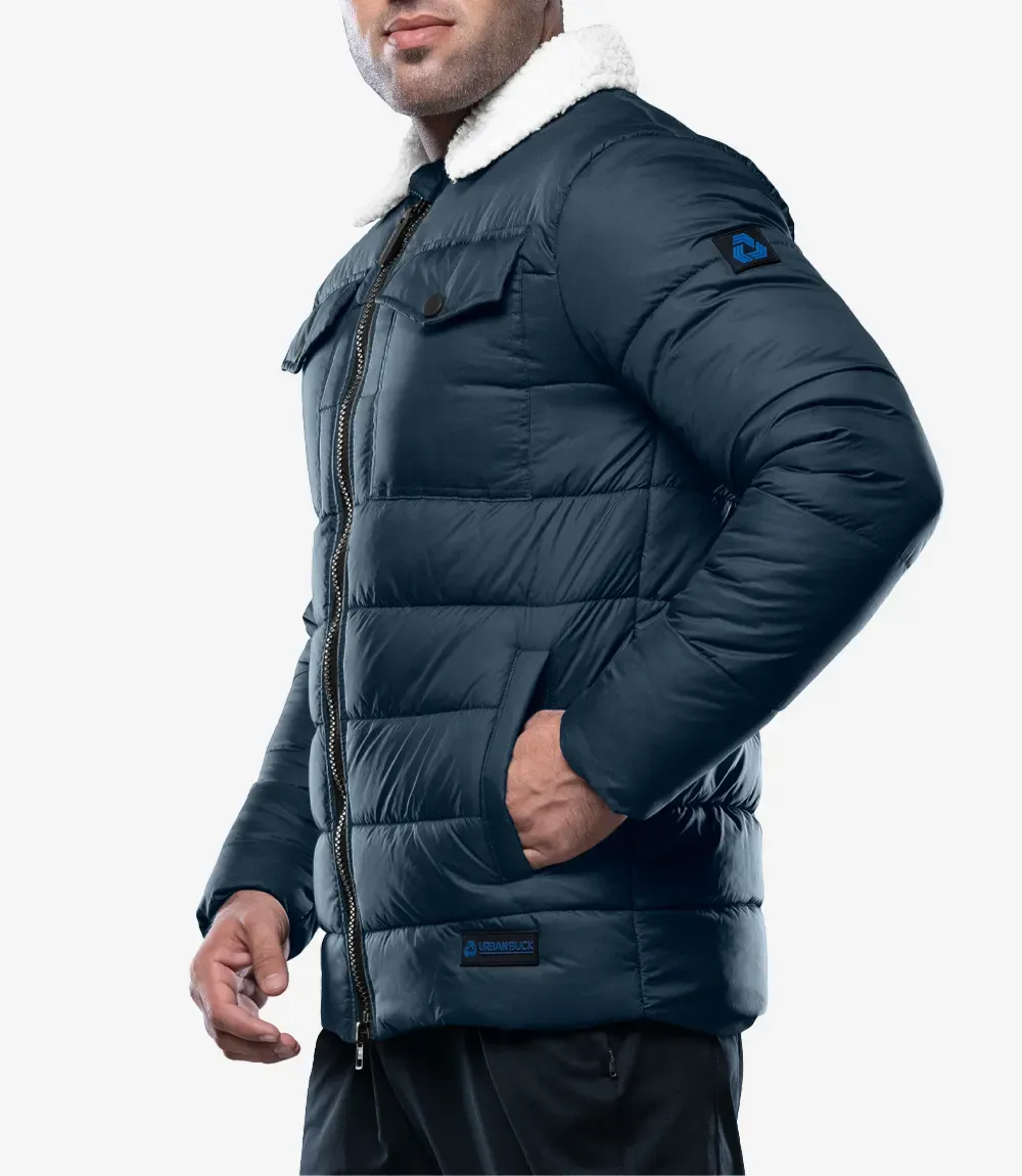 Bryce Men’s Blue Trucker-Style Puffer Jacket – Fur Collar Bryce Men’s Blue Trucker-Style Puffer Jacket – Fur Collar