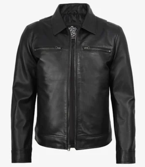 Mens Classic Shirt Collar Black Leather Jacket
