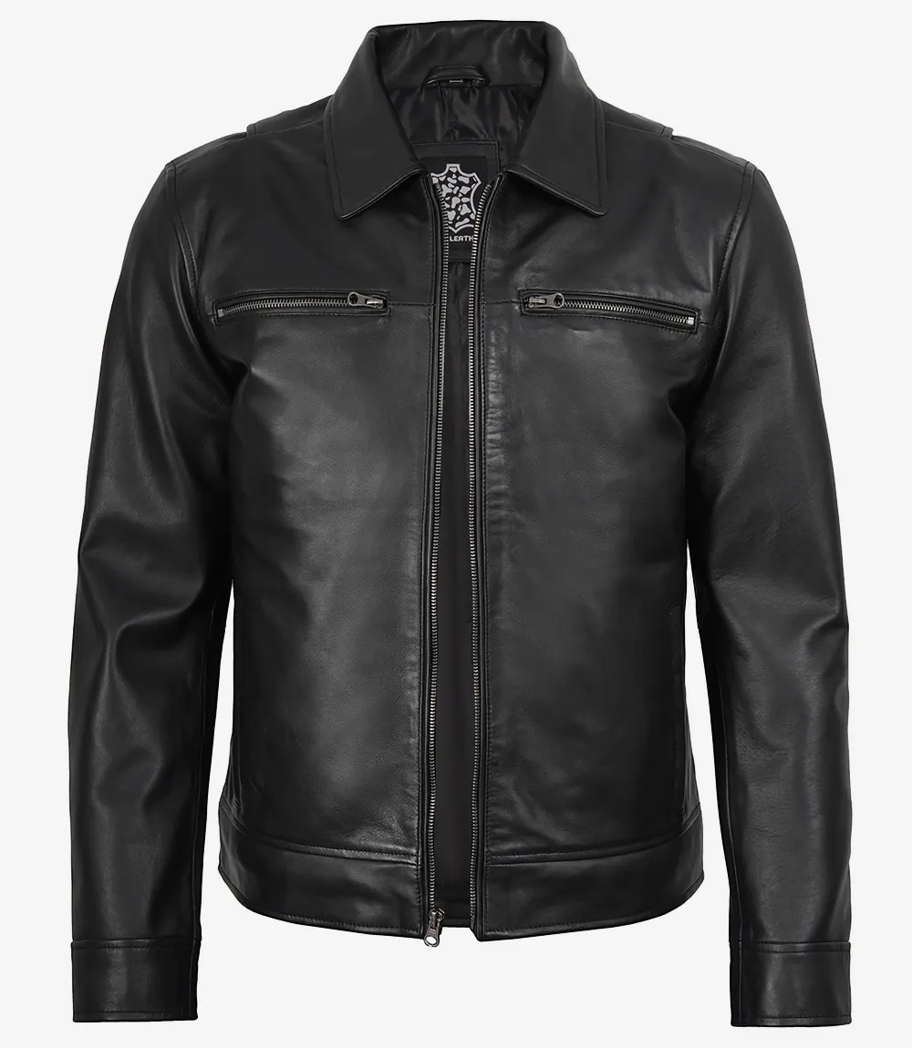 Mens Classic Shirt Collar Black Leather Jacket Mens Classic Shirt Collar Black Leather Jacket