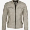 Mens Off White With Gray Wax Biker Style Leather Jacket