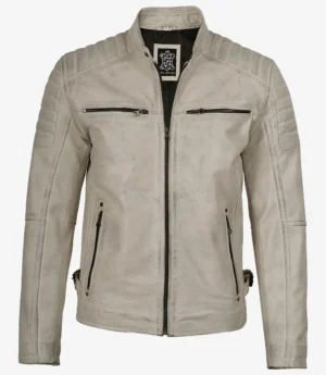 Mens Off White With Gray Wax Biker Style Leather Jacket