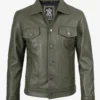 Men's Four Pockets Olive Green Trucker Leather Jacket