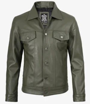 Men's Four Pockets Olive Green Trucker Leather Jacket