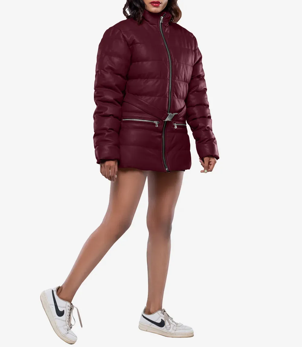 Robin Womens Vegan Leather Duck Down Maroon Puffer Jacket Robin Womens Vegan Leather Duck Down Maroon Puffer Jacket