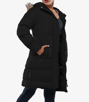 Ella Black Women's Long Puffer Parka Jacket with Faux Fur Trim Hood