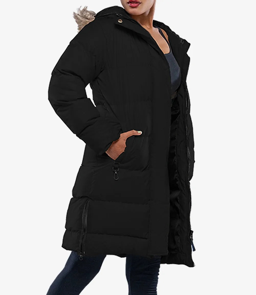 Ella Black Women's Long Puffer Parka Jacket with Faux Fur Trim Hood Ella Black Women's Long Puffer Parka Jacket with Faux Fur Trim Hood