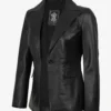 Womens Single Button Black Leather Blazer - Peak Lapel