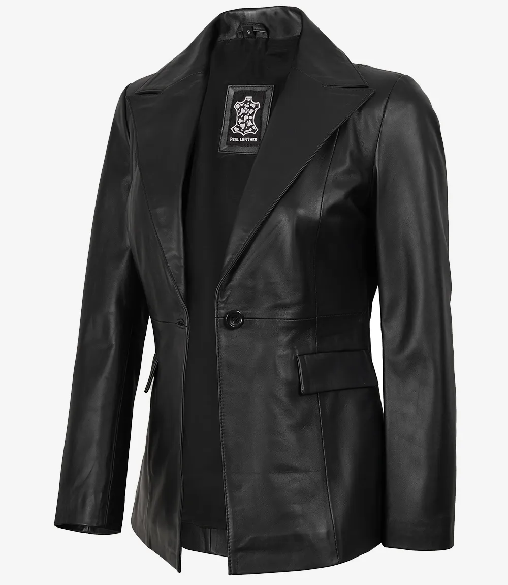 Womens Single Button Black Leather Blazer - Peak Lapel Womens Single Button Black Leather Blazer - Peak Lapel