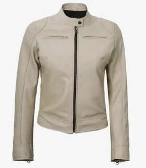 Dodge Beige Biker Style Leather Jacket for Women