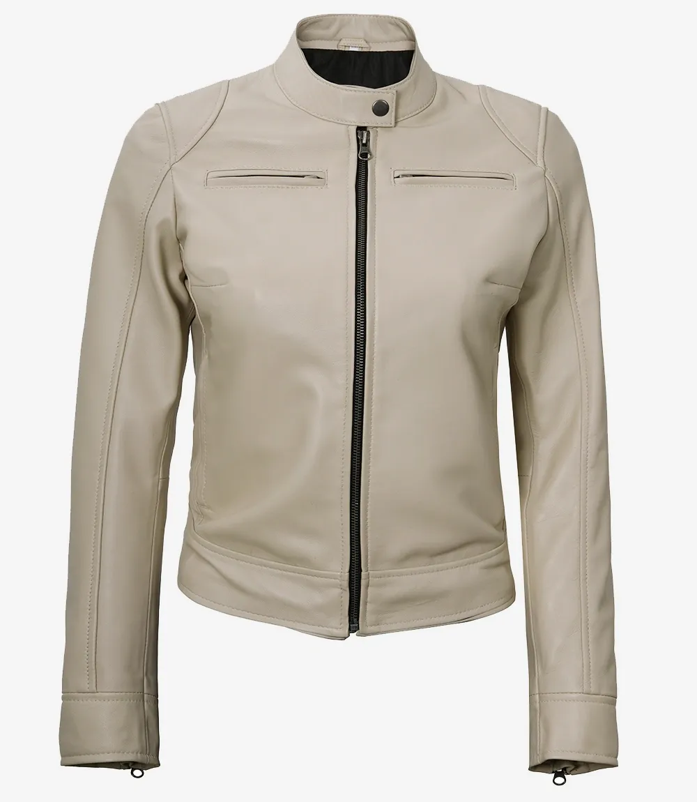 Dodge Beige Biker Style Leather Jacket for Women Dodge Beige Biker Style Leather Jacket for Women