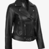 Womens Asymmetrical Black Leather Belted Biker Style Jacket
