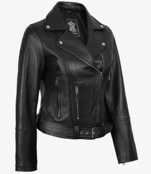 Womens Asymmetrical Black Leather Belted Biker Style Jacket