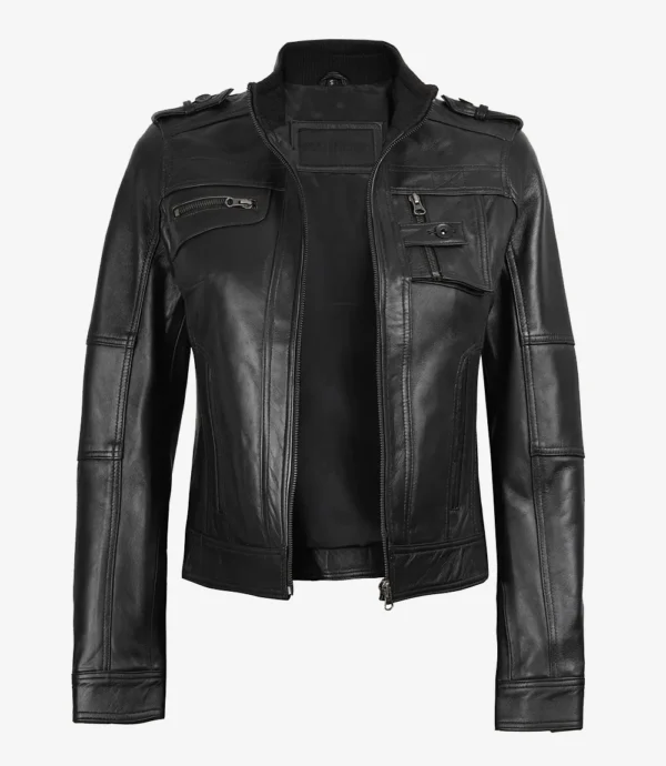 Womens Black Leather Moto Jacket - Classic Biker Style