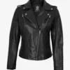 Womens Asymmetrical Black Leather Biker Style Jacket with Hood