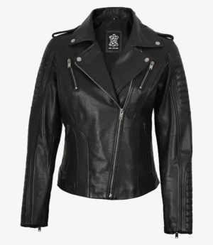 Womens Asymmetrical Black Leather Biker Style Jacket with Hood