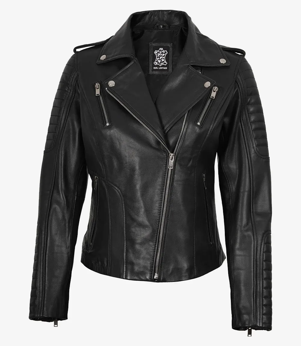 Womens Asymmetrical Black Leather Biker Style Jacket with Hood Womens Asymmetrical Black Leather Biker Style Jacket with Hood