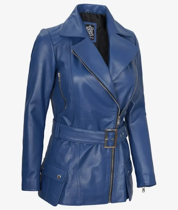 Womens Asymmetrical Blue Belted Biker Style Leather Jacket