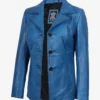 Womens Blue Waxed Leather Coat - Three Button