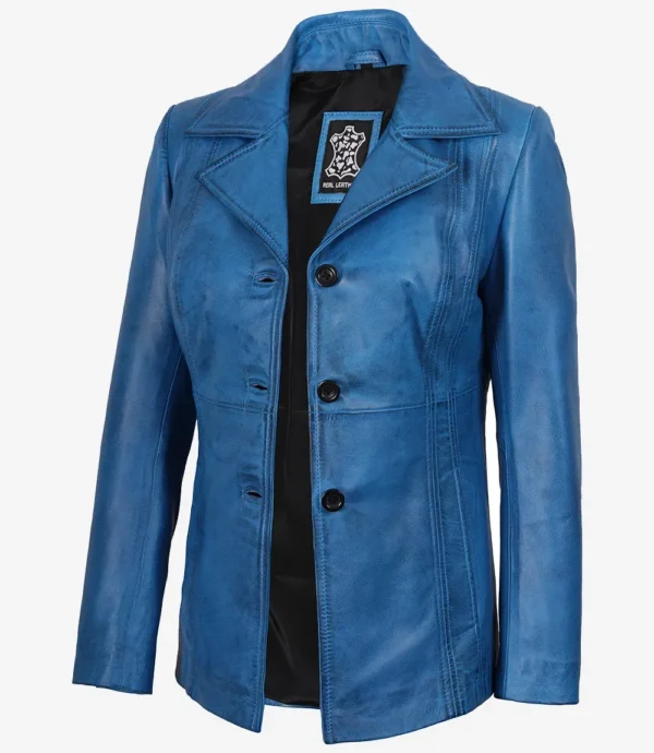Womens Blue Waxed Leather Coat - Three Button