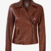 Women's Cognac Brown Asymmetrical Leather Biker Jacket