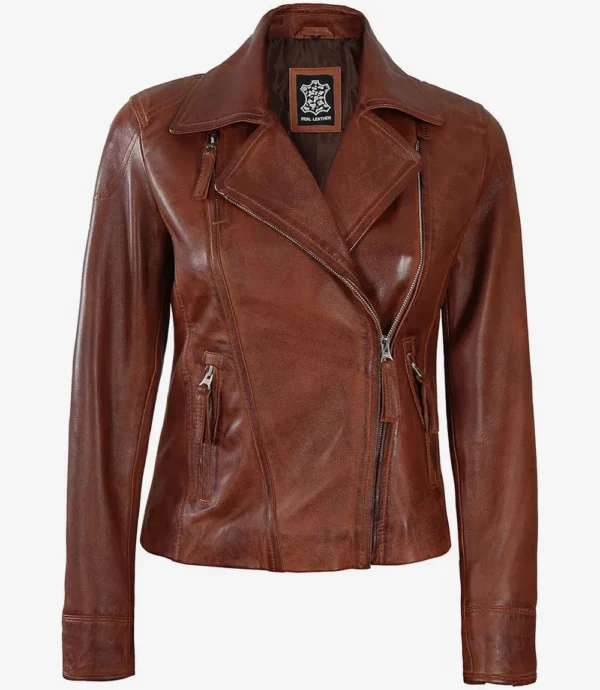 Women's Cognac Brown Asymmetrical Leather Biker Jacket