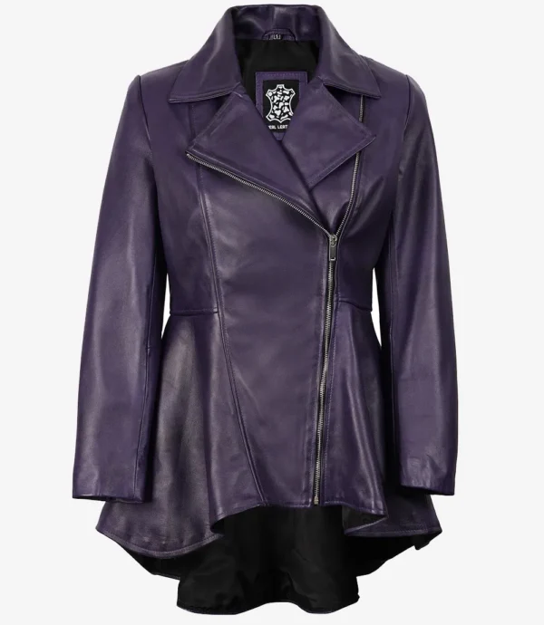 Womens Asymmetrical Purple Leather Peplum Jacket