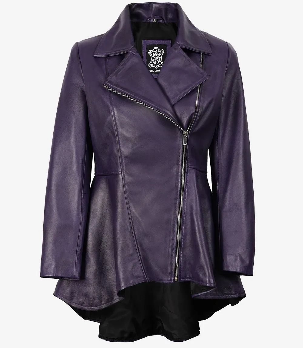 Womens Asymmetrical Purple Leather Peplum Jacket Womens Asymmetrical Purple Leather Peplum Jacket