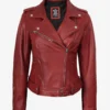 Women's Red Asymmetrical Belted Biker Style Leather Jacket
