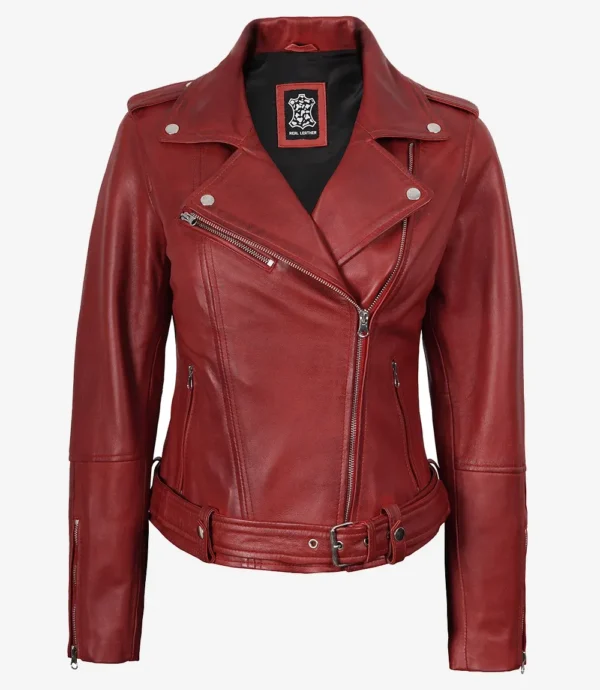 Women's Red Asymmetrical Belted Biker Style Leather Jacket